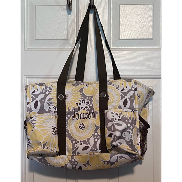 Thirty-one 31 Yellow Gray Floral‎ Utility Tote/Bag 7 Pockets 2 Mesh on Sides - Picture 1 of 10